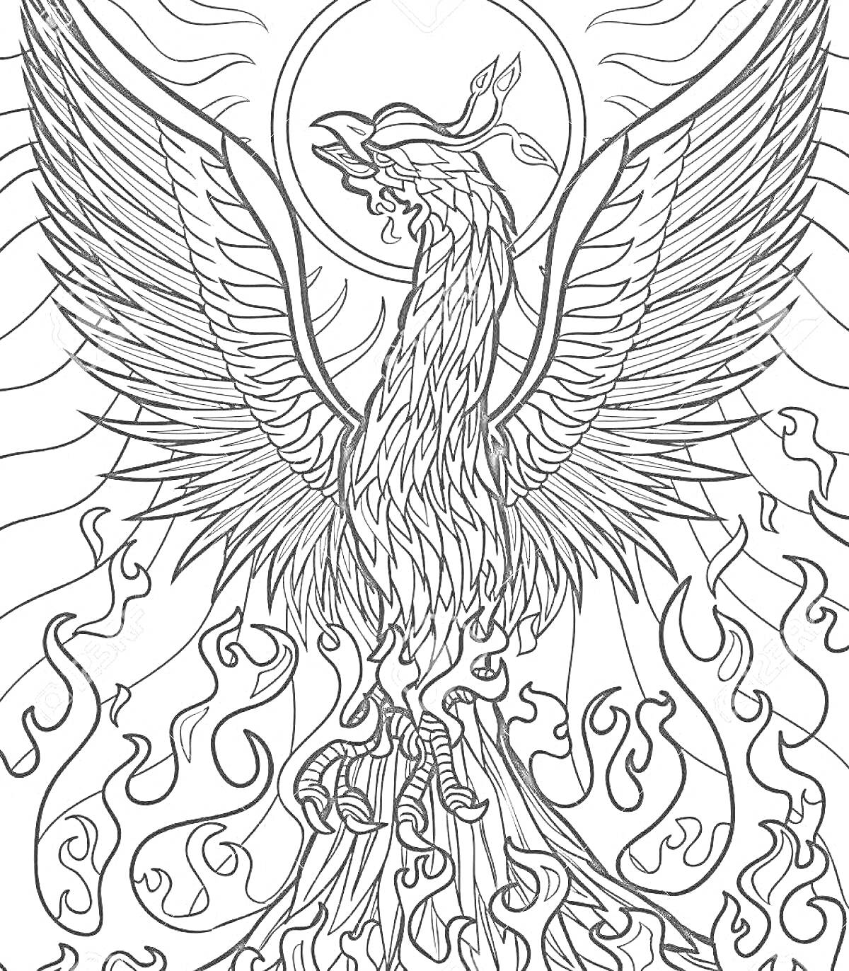На раскраске изображено: Феникс, Крылья, Пламя, Солнце, Птица, Легенда, Магия, Мифические существа