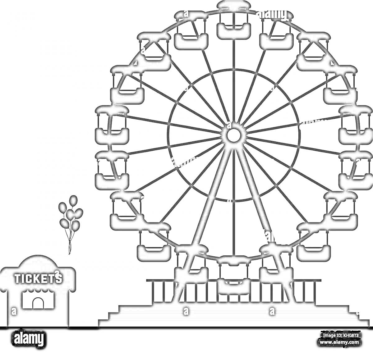 Раскраска Колесо обозрения с кабинками, будка с билетами и воздушные шарики
