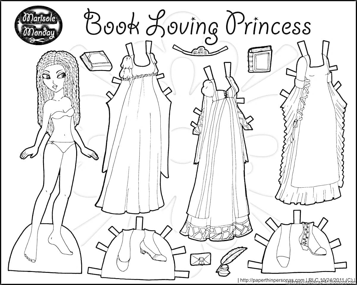 На раскраске изображено: Платье, Туфли, Книга, Браслет, Принцесса, Бумажная кукла