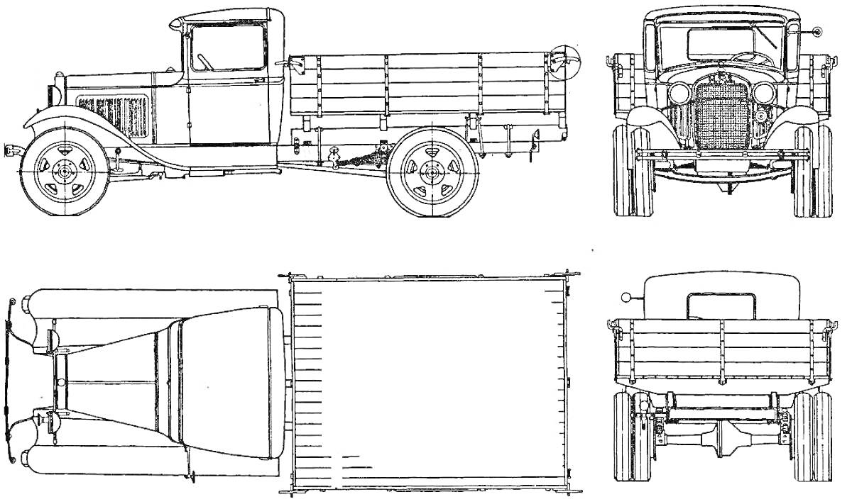 Раскраска Полуторка машина с видами сбоку, спереди, сверху и сзади