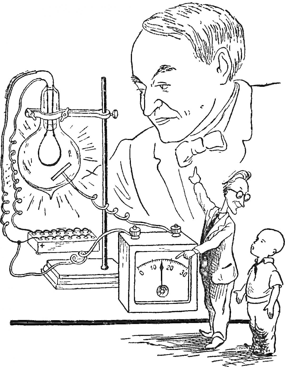 ученый показывает лампочку и электрическую цепь ребенку на фоне портрета человека