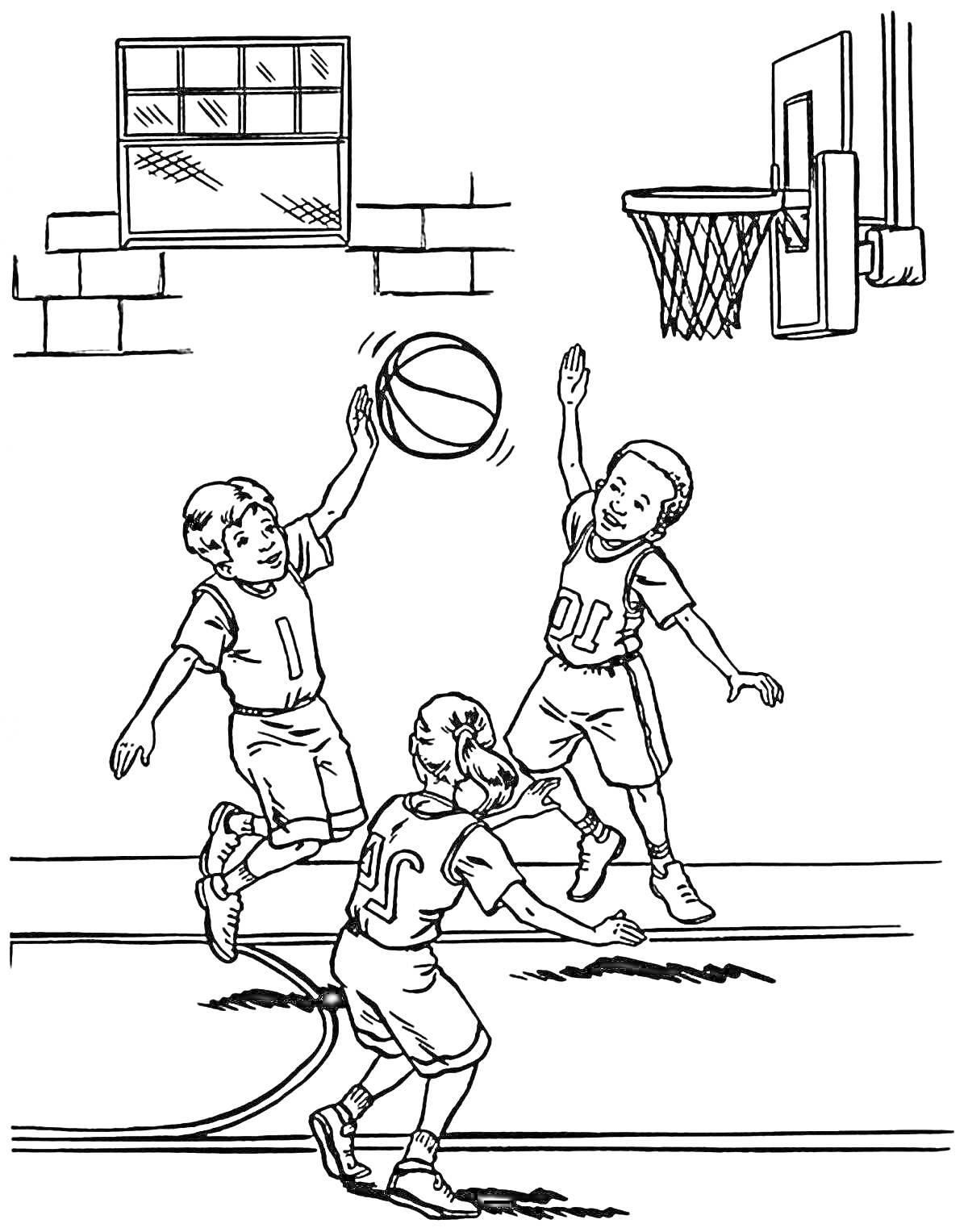 На раскраске изображено: Баскетбол, Игра, Спорт, Спортивная площадка, Баскетбольное кольцо, Команда, Активность, Спортзал, Разминка