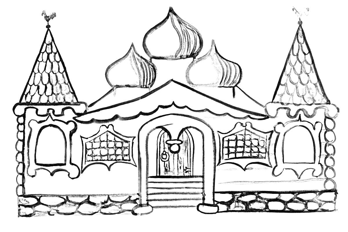 Изображение терема с декоративными куполами, резными окнами и дверью