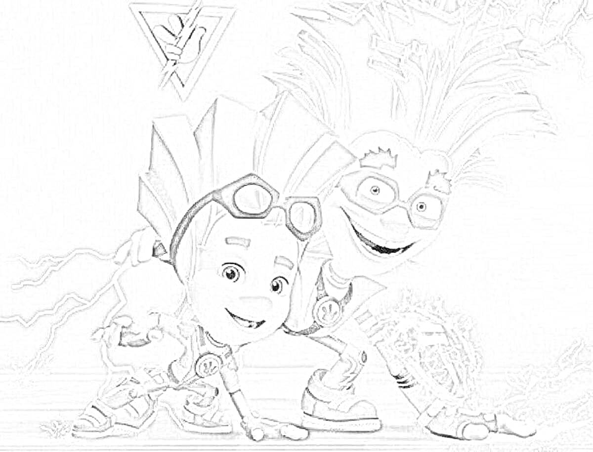 Раскраска Два мальчика в супергеройских костюмах, один стоит на коленях, второй стоит рядом, шар энергии в руках, молнии вокруг, треугольный символ в левом верхнем углу.