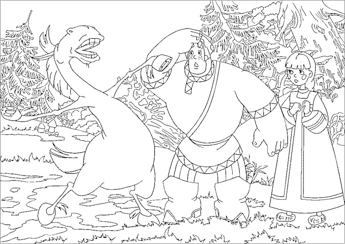 Раскраска Алеша Попович, Тугарин Змей, Конь, Девушка на фоне леса