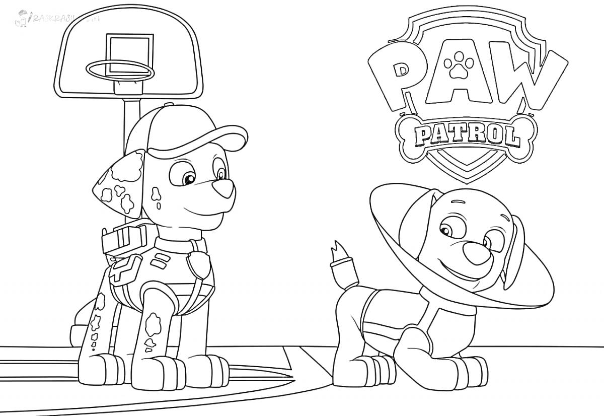 Раскраска Щенок в кепке и жилете рядом с баскетбольным кольцом и щенок в медицинском воротнике, логотип 