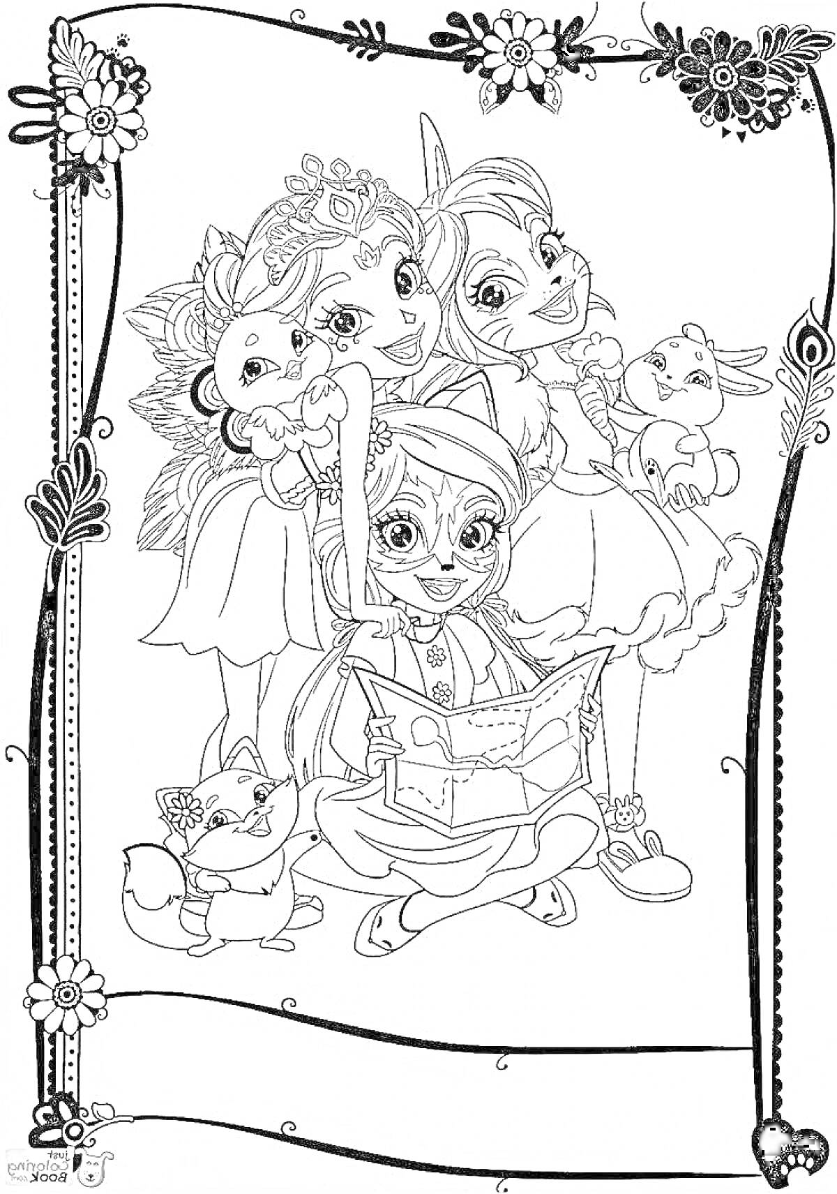 Раскраска трёх девушек с животными, одежда и ушки как у животных, книга, цветочная рамка