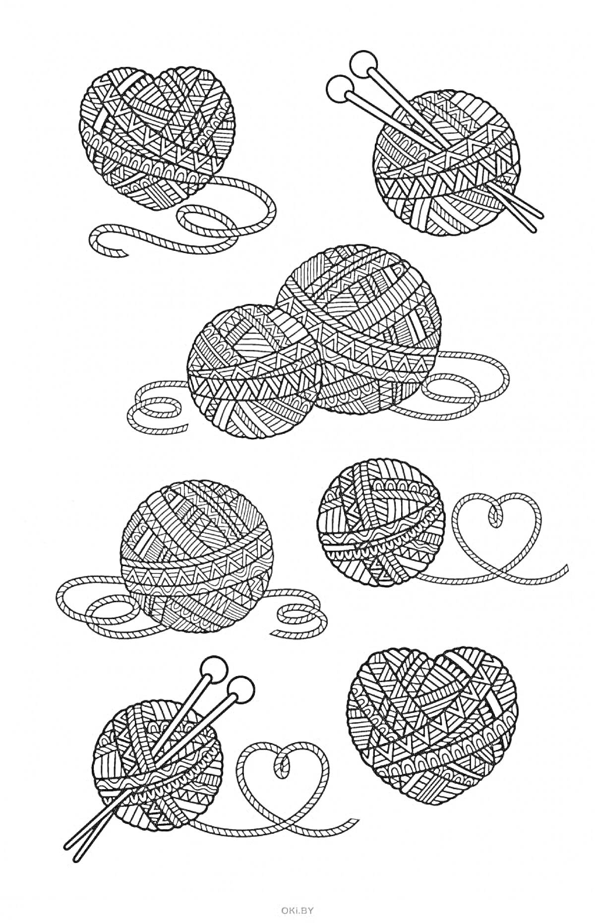 На раскраске изображено: Пряжа, Вязание, Узоры, Антистресс, Хюгге, Творчество, Вдохновение