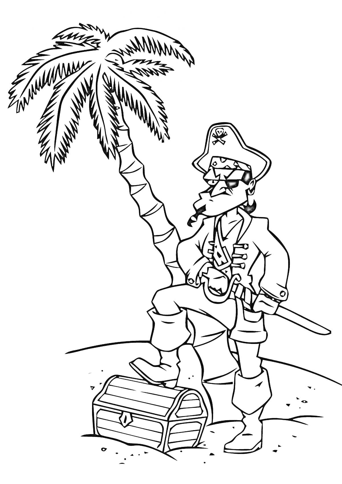 Раскраска Пират под пальмой с сундуком сокровищ, повязка на глазу и сабля в руке