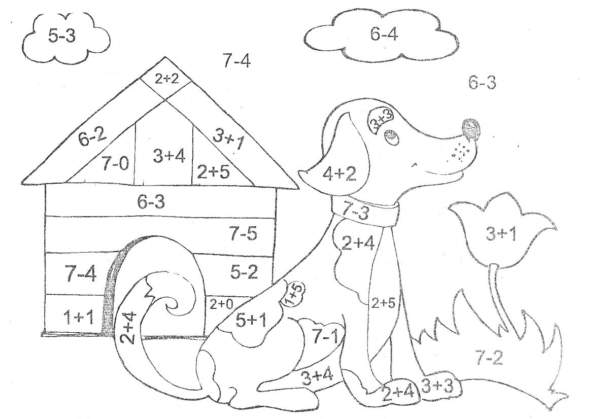 На раскраске изображено: Математика, Примеры, Сложение, Вычитание, Собака, Будка, Облака
