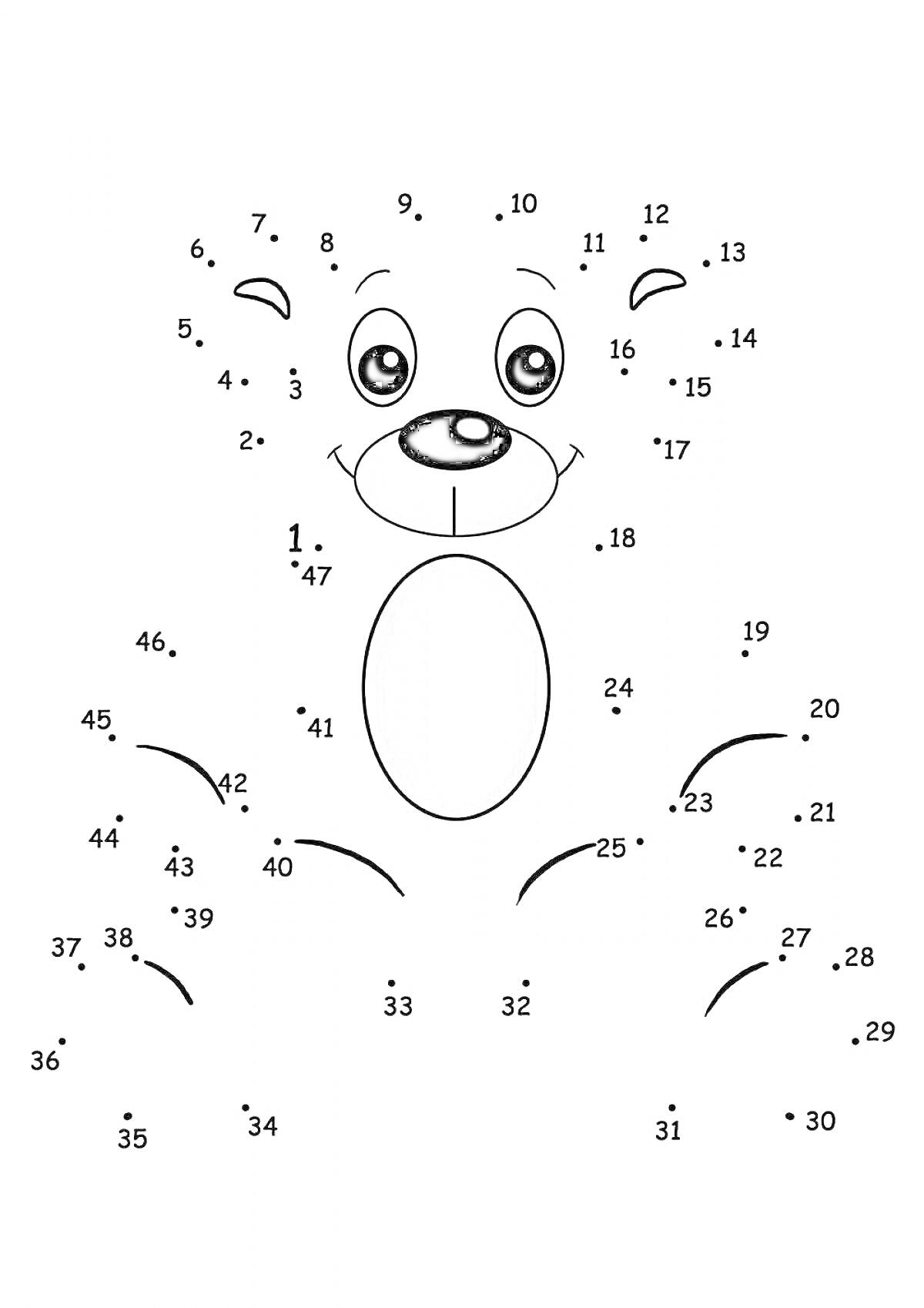 Раскраска медведь по точкам, лицо медведя, верхняя часть туловища медведя, объекты для соединения точек, цифры
