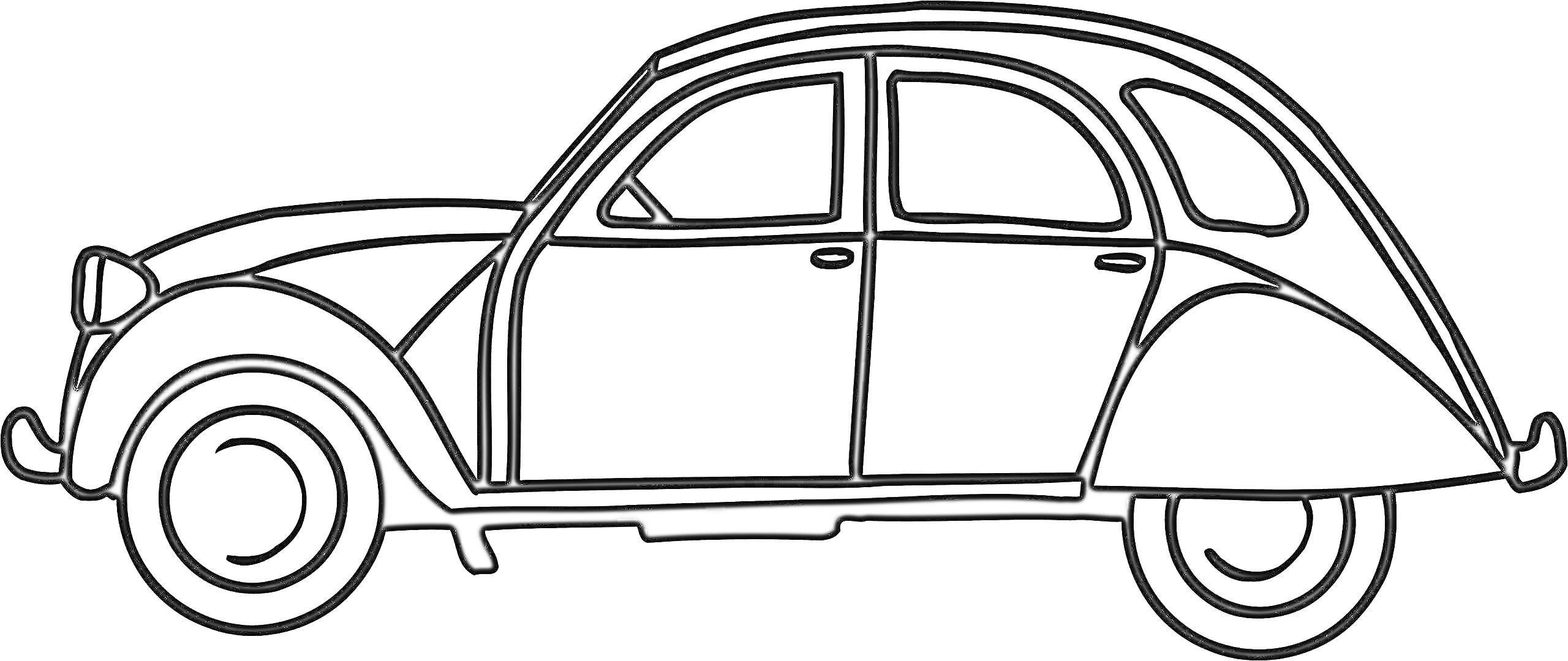 Раскраска Чёрно-белая раскраска машины, профиль классического автомобиля с двумя дверями и круглой крышей