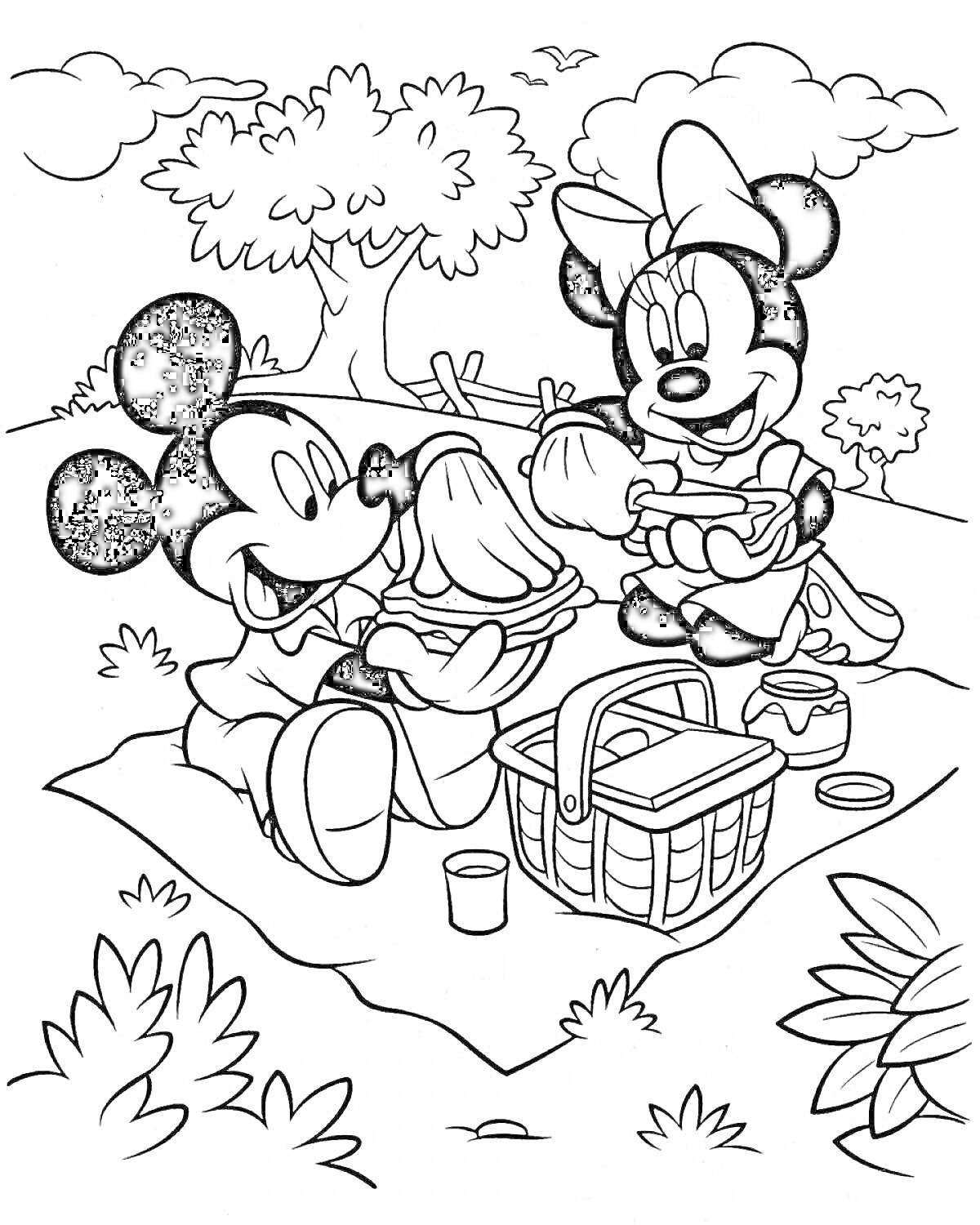 Раскраска Микки Маус и Минни Маус на пикнике, сандвичи, корзина, пейзаж