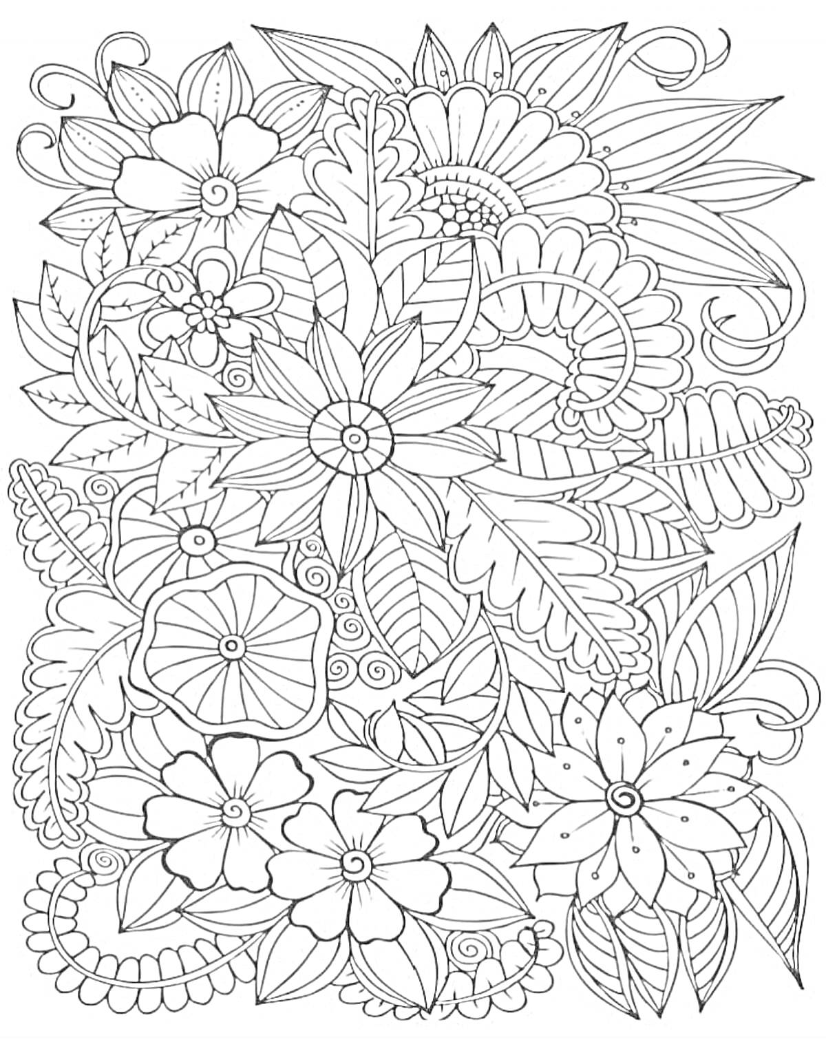 Раскраска Рисунок в стиле раскраски с множеством цветов, листьев и завитков