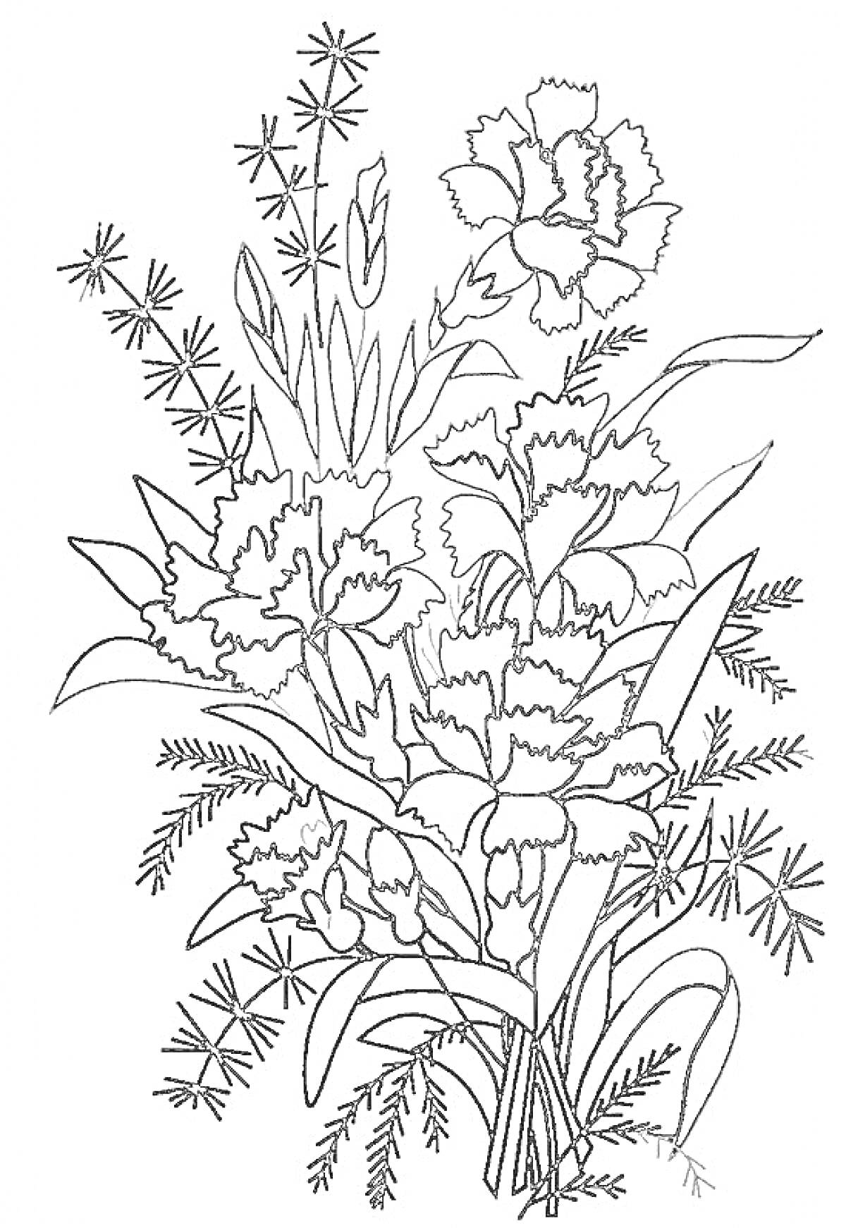 На раскраске изображено: Гвоздика, Цветы, Листья, Ваза, Природа, Флора, Букет цветов, Контурные рисунки