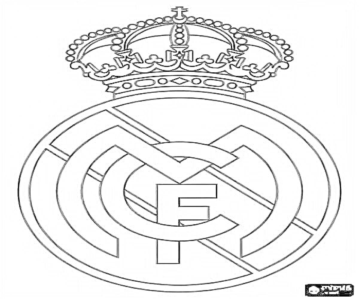 На раскраске изображено: Реал Мадрид, Корона, Буквы, Клуб, Футбол, Спорт