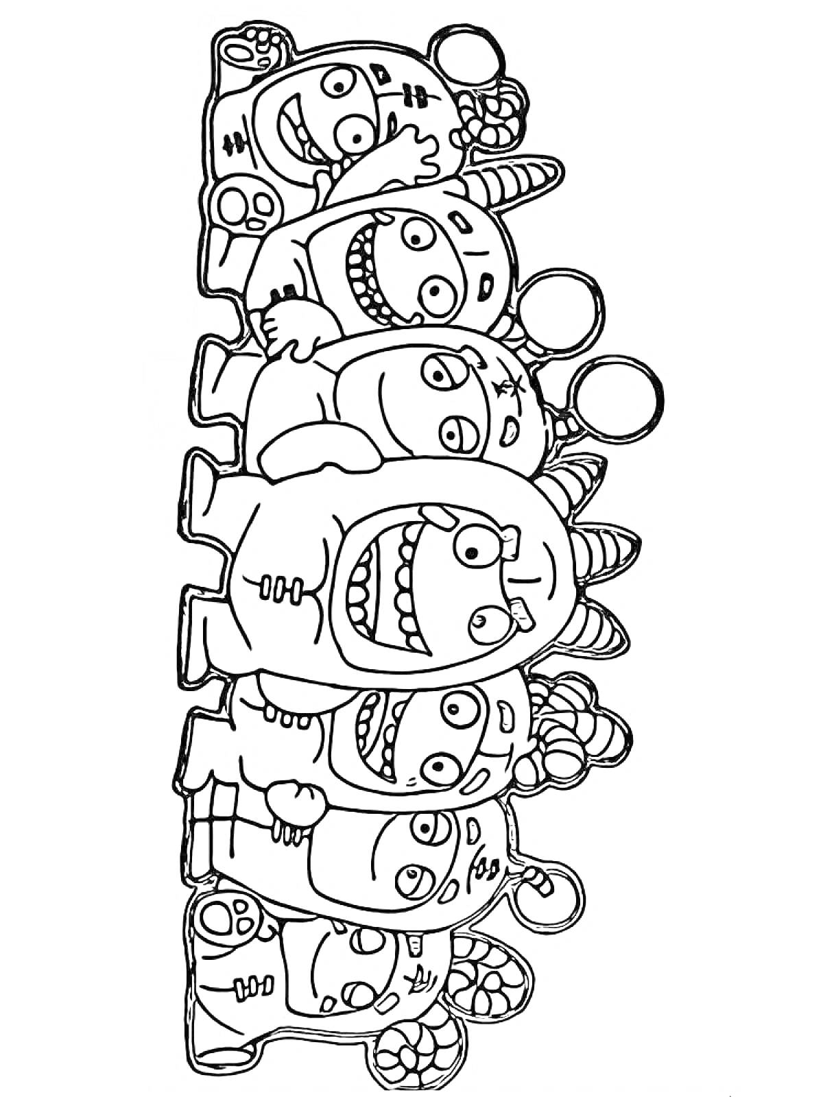 Раскраска Группа Чудиков с рогами и антеннами