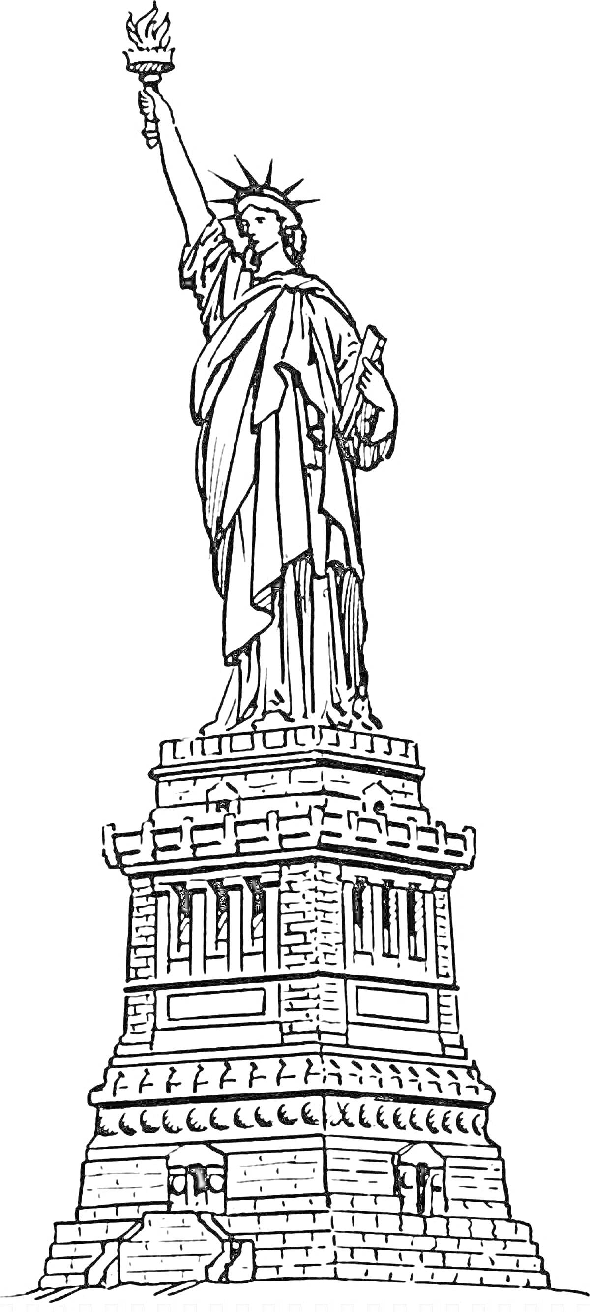 На раскраске изображено: Статуя, Свобода, Факел, Книга, Постамент, Нью-Йорк, Архитектура
