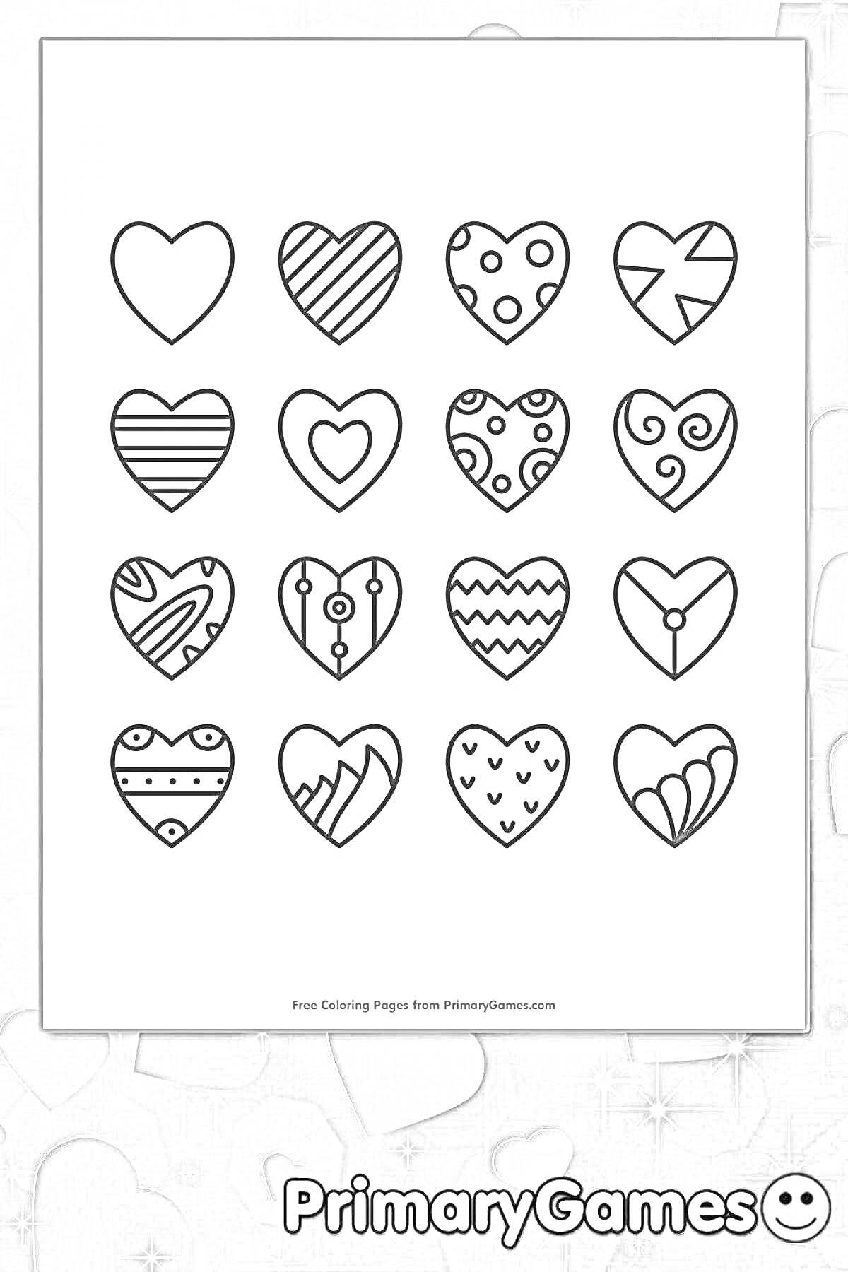 На раскраске изображено: Сердца, Узоры, Маленькие сердца, Кружки, Зигзаги
