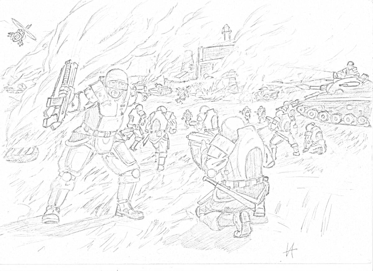Раскраска Солдаты в битве, солдат с гранатометом, раненый солдат на коленях, танки, боевые действия и дым на фоне
