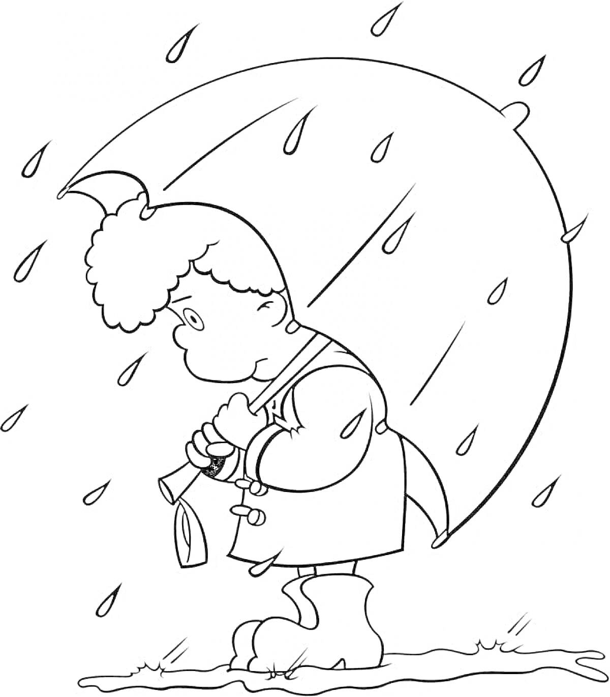 Раскраска ребёнок под зонтом, дождь, лужа
