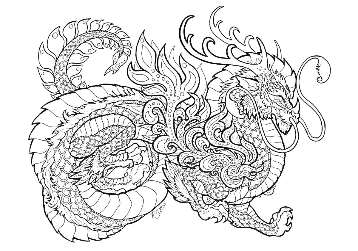 На раскраске изображено: Китайский дракон, Узоры, Мифология, Фэнтези, Дракон, Антураж