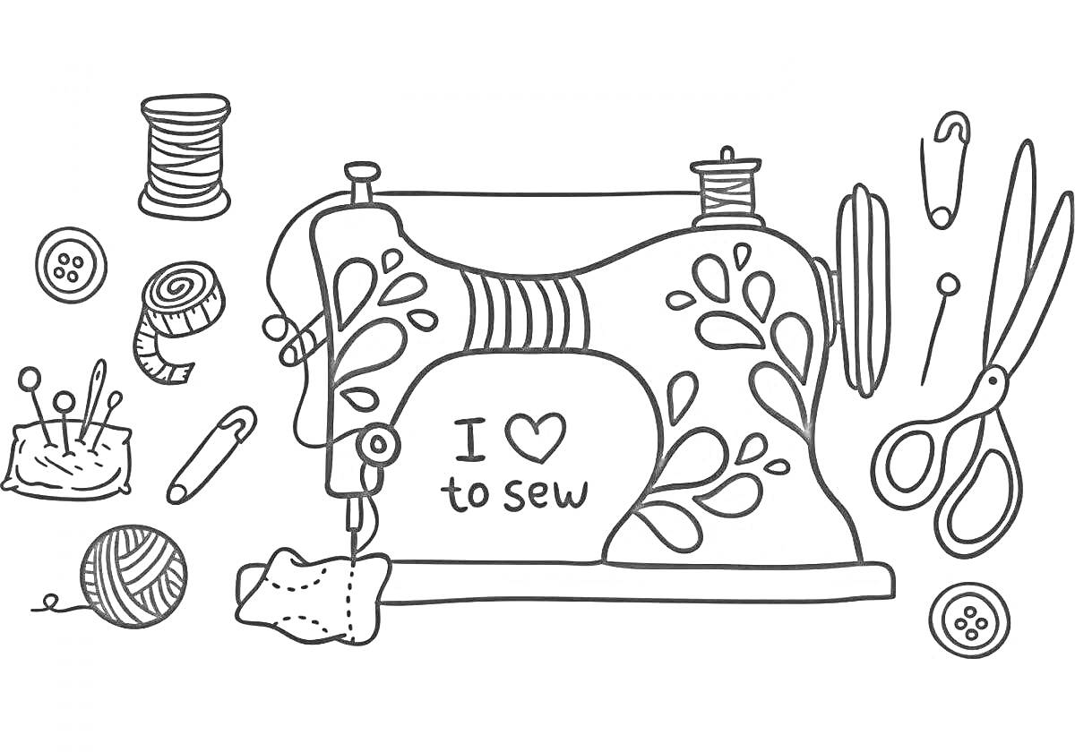 На раскраске изображено: Шитье, Вышивание, Нитки, Ножницы, Пуговицы, Ткань, Швейная машина