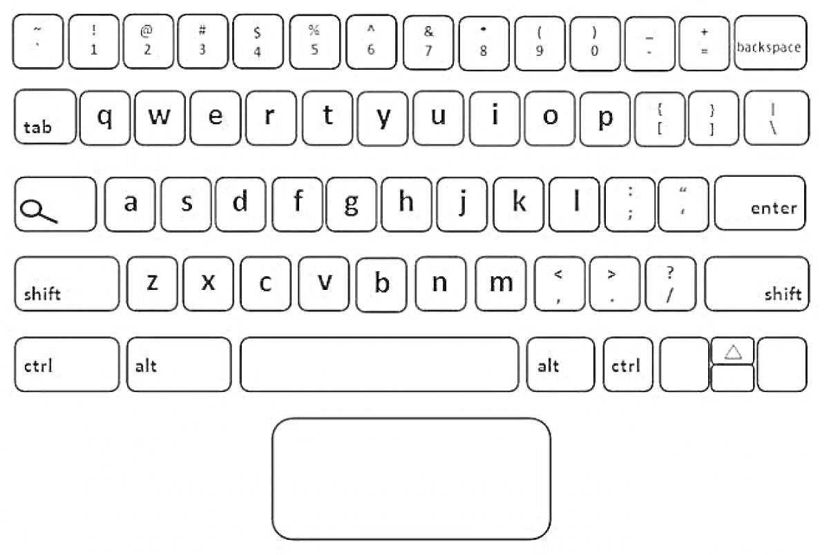 Клавиатура компьютера с кнопками таб, q, w, e, r, t, y, u, i, o, p, backspace, a, s, d, f, g, h, j, k, l, enter, shift, z, x, c, v, b, n, m, запятая, точка, ctrl, alt, пробел, стрелка вверх, стрелка вниз, стрелка влево, стрелка вправо