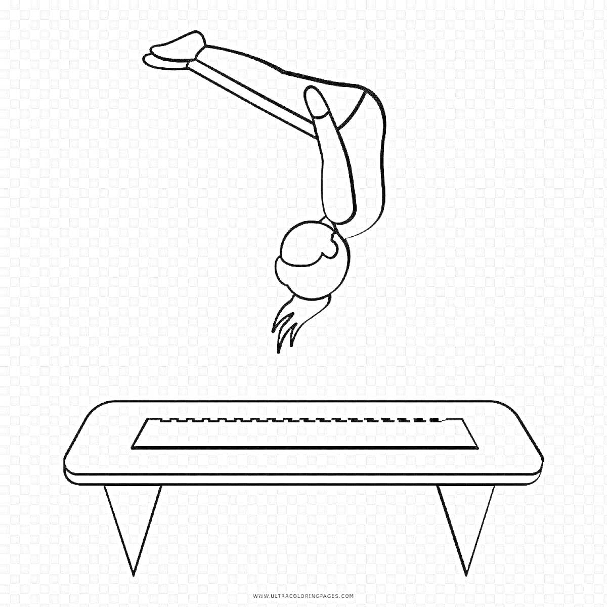 На раскраске изображено: Батут, Гимнастика, Акробатика, Спорт, Человек, Упражнения