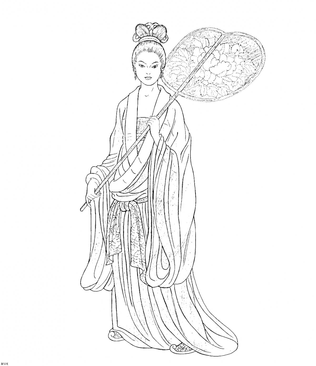 На раскраске изображено: Женщина, Веер, Традиционная одежда, Исторический костюм, Узоры