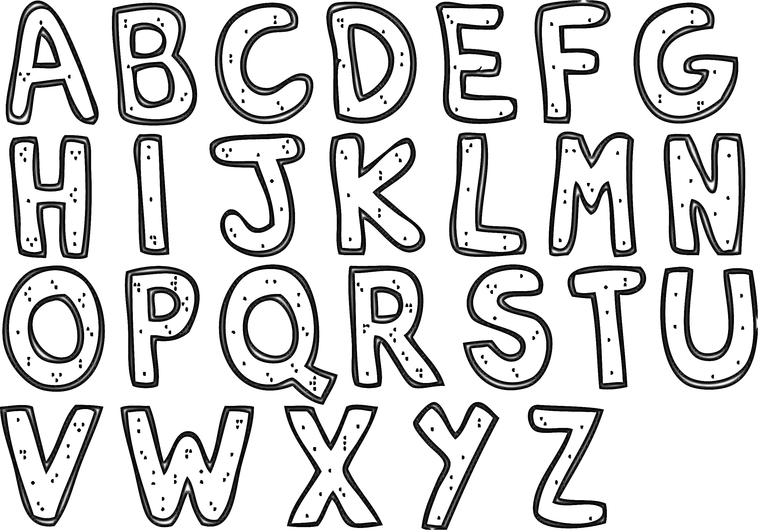 Раскраска раскраска с изображением английских букв алфавита от A до Z, буквы с точечными узорами