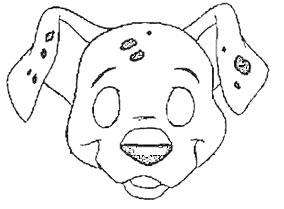 На раскраске изображено: Собака, Голова, Далматинец, Пятна, Уши, Нос, Глаза, Морда