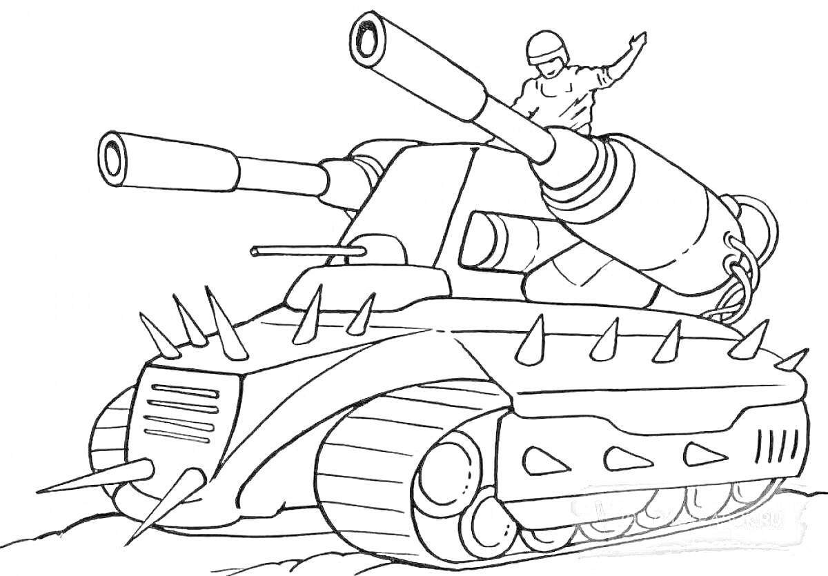На раскраске изображено: Танк, Боевая машина, Шипы, Солдат, Военная техника