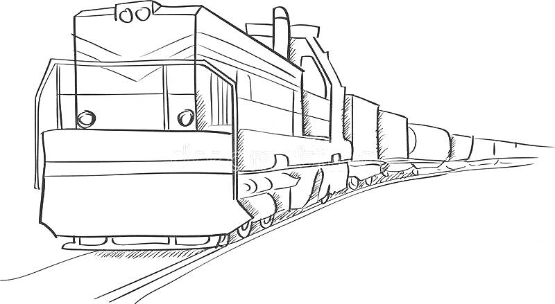 Раскраска Товарный поезд с вагонами на железнодорожной линии