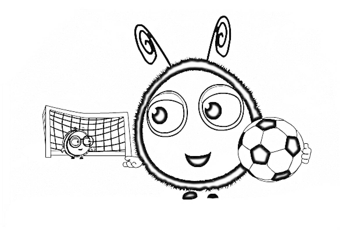 Раскраска Пчелы играют в футбол: большая пчела с футбольным мячом, маленькая пчела в воротах