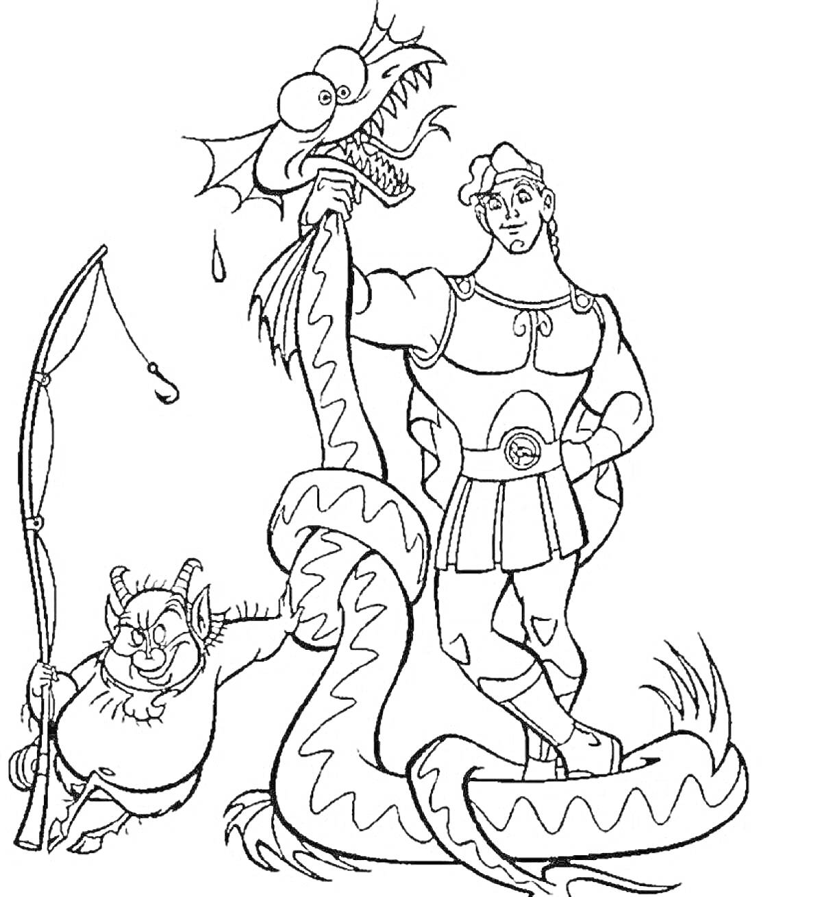 На раскраске изображено: Геракл, Лук, Мифология, Победа, Приключения, Змеи, Сказочные персонажи