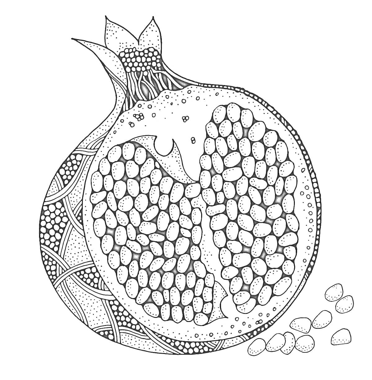 На раскраске изображено: Гранат, Разрезанный, Зерна, Декоративные элементы, Антистресс, Хюгге