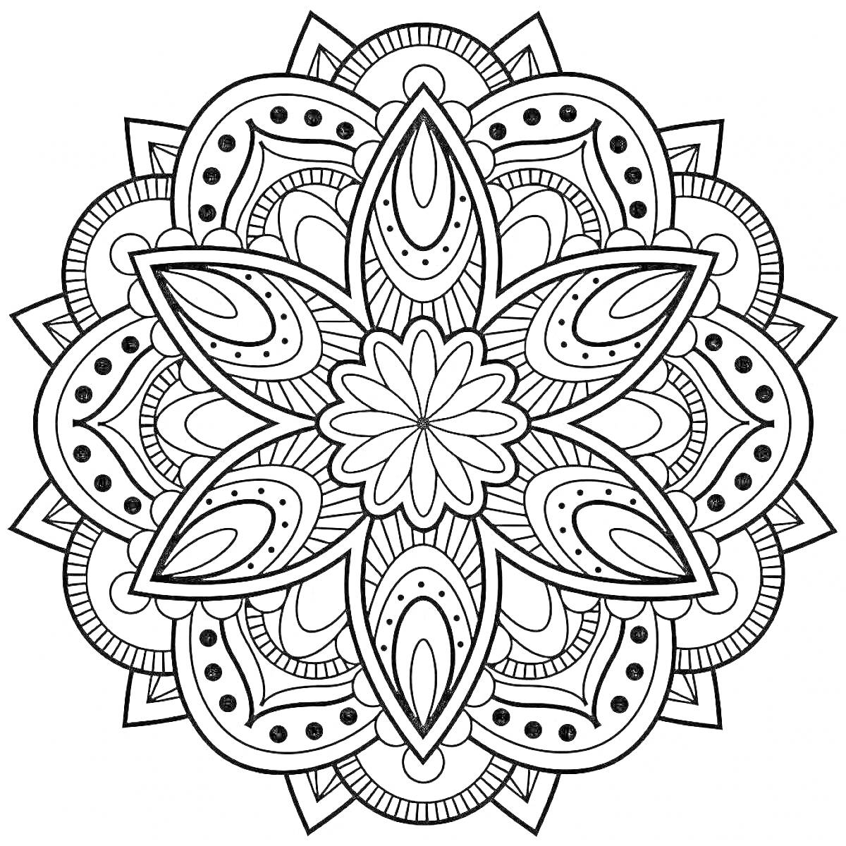 Раскраска Мандала с цветочным узором и геометрическими элементами