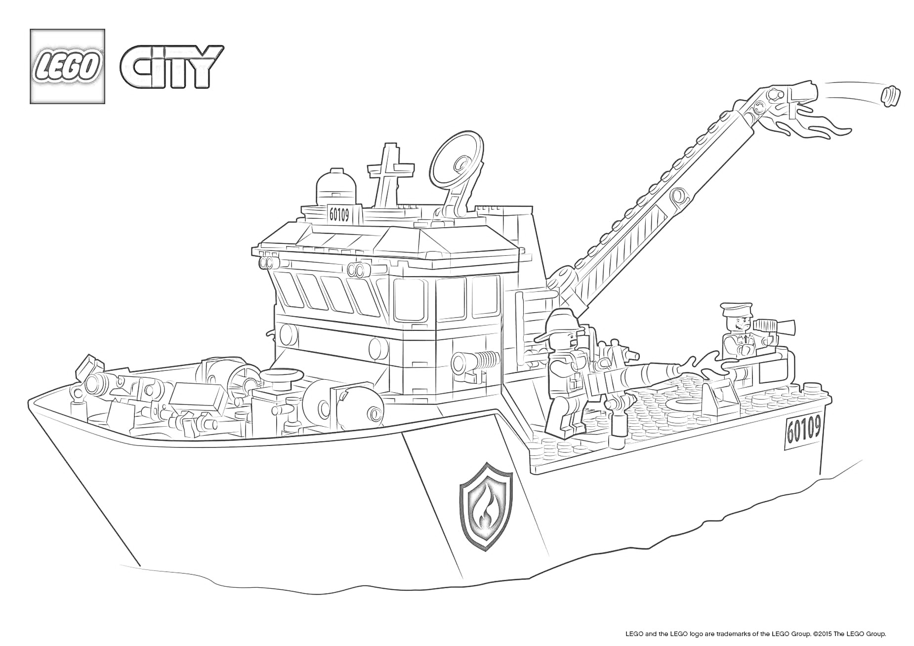 На раскраске изображено: Корабль, Вода, Спасательная техника, Огонь