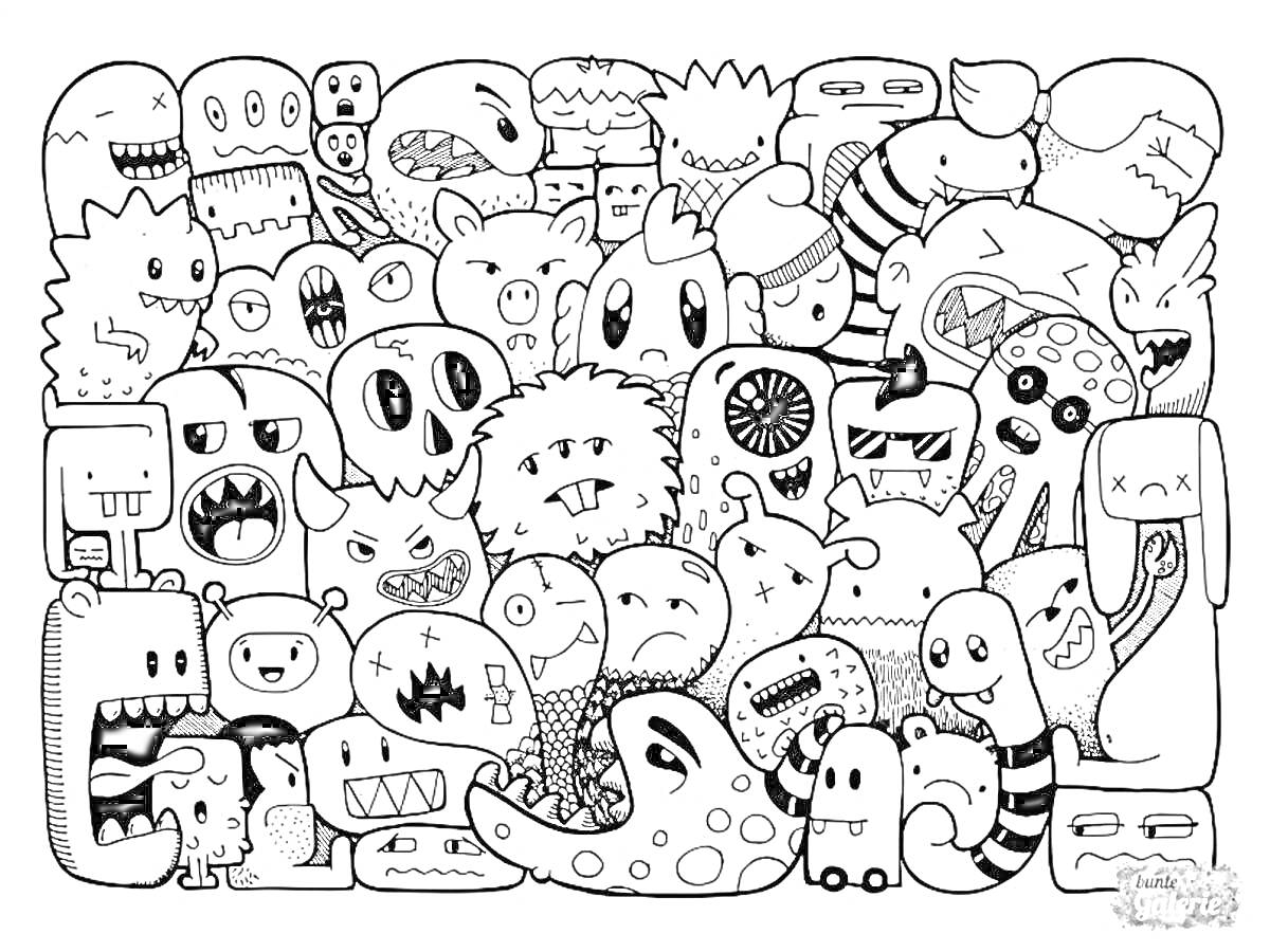 Раскраска Монстрики. Множество разных монстров, включая тех, у кого один глаз, уши, зубы, черепа, волосы, шипы, щупальца, с рогами и острые зубы.