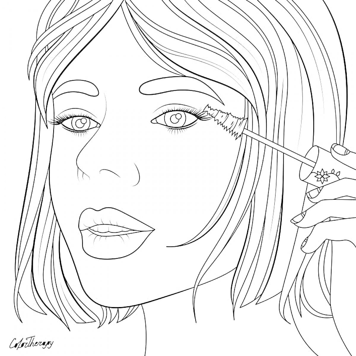 Раскраска Женское лицо с нанесением туши на ресницы