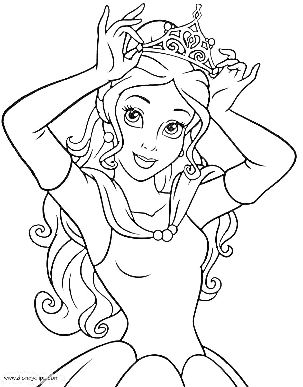 Раскраска Принцесса с короной, длинные волосы, украшение на шее
