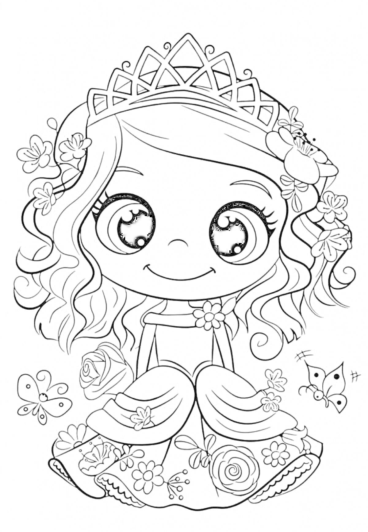 Раскраска Принцесса с короной, цветами в волосах и платье, бабочками