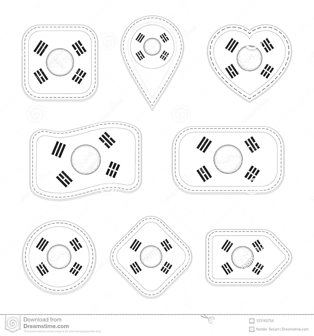 Раскраска флаги Кореи в разных формах (квадрат, капля, сердце, прямоугольник, круг)