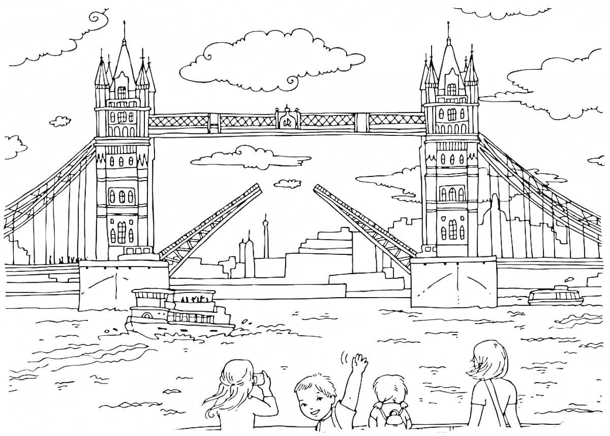 На раскраске изображено: Тауэрский мост, Лондон, Мост, Река, Вода, Корабль, Облака, Небо