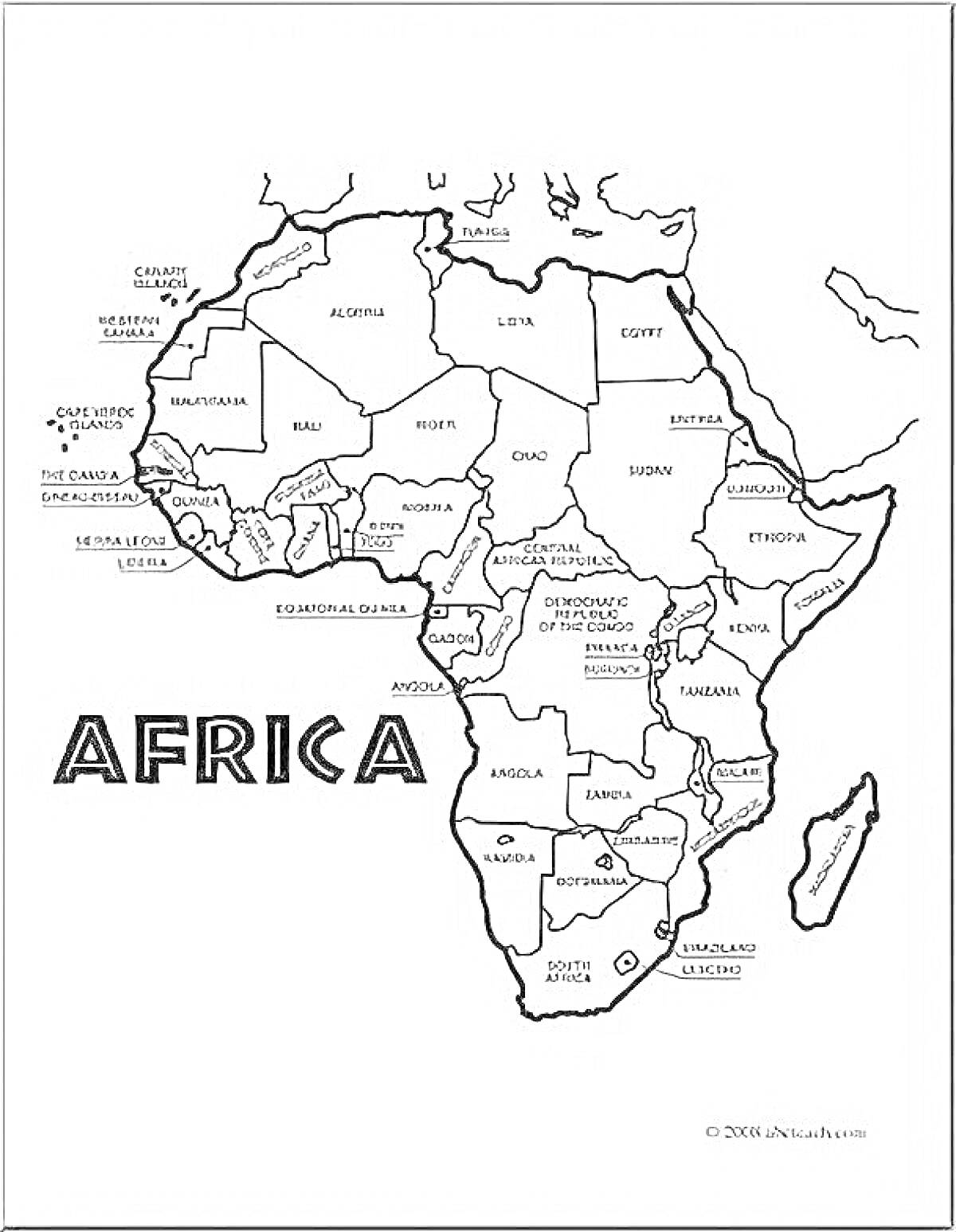 На раскраске изображено: Карта, Африка, Границы, География, Контуры стран