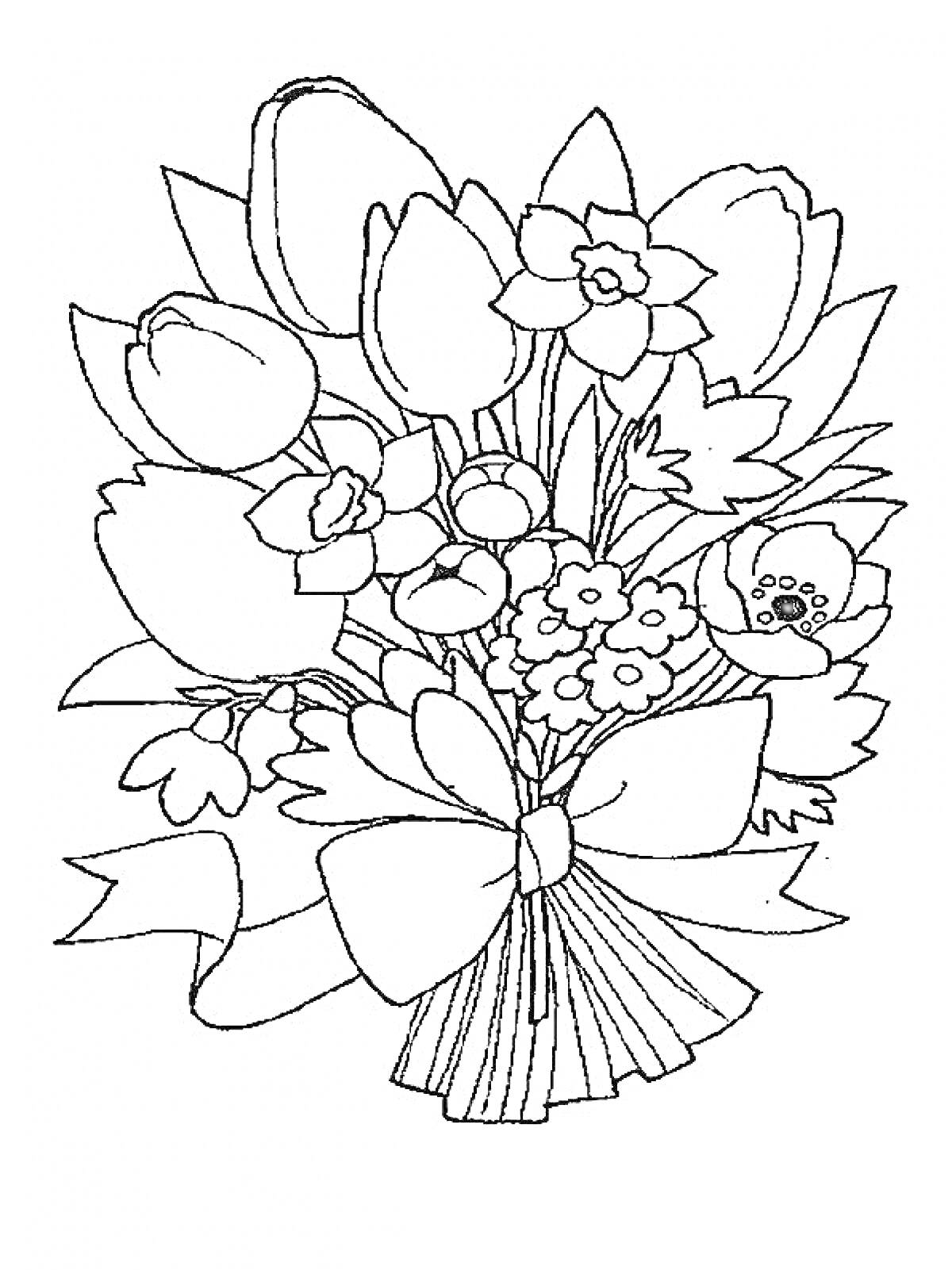 Раскраска Букет цветов с пионами, нарциссами, тюльпанами, лентой