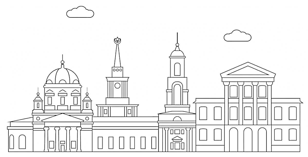 На раскраске изображено: Екатеринбург, Собор, Флаг, Колоннада, Архитектура, Исторические здания