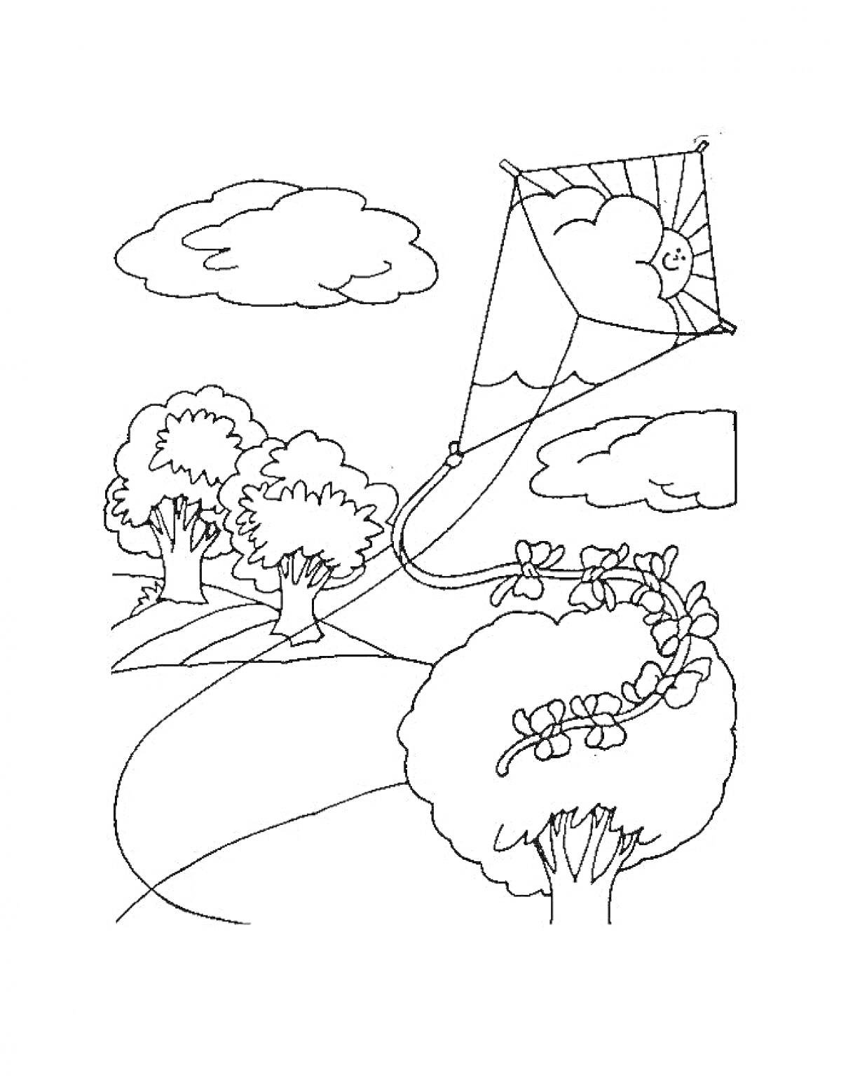 На раскраске изображено: Воздушный змей, Небо, Облака, Деревья, Природа, Ветер, Полет