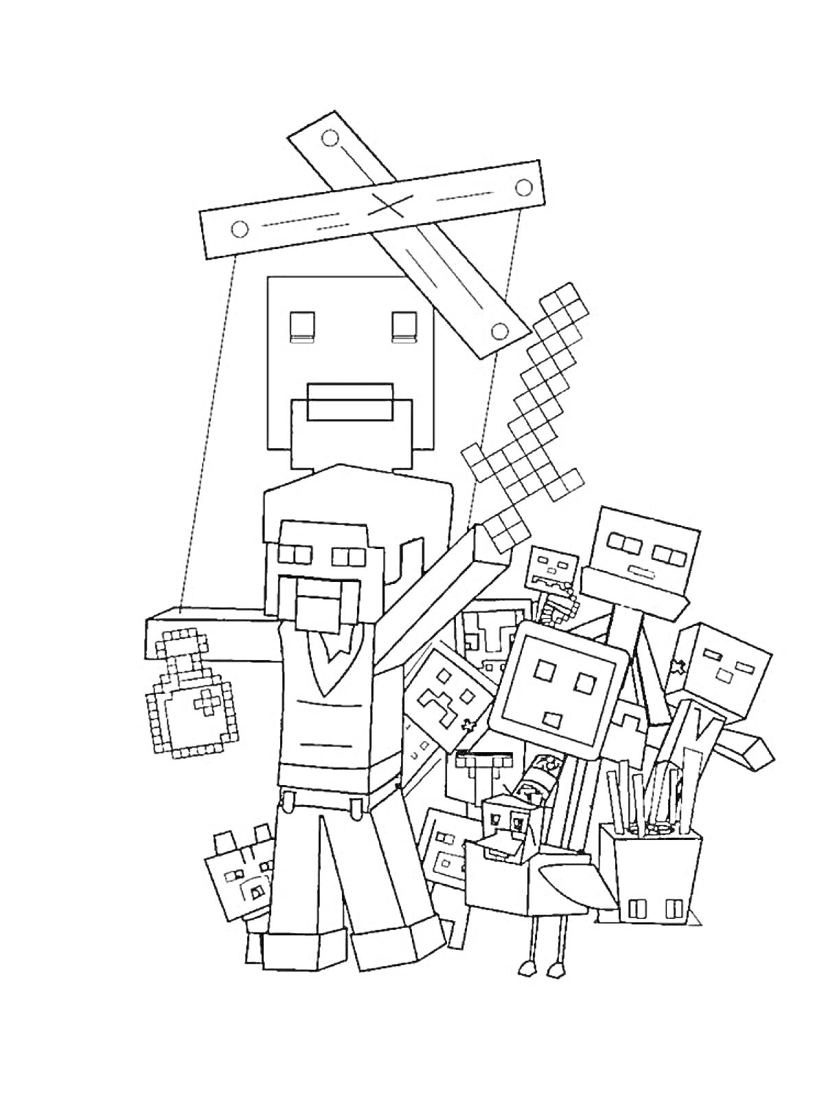 Раскраска Персонаж с мечом среди мобов из Minecraft